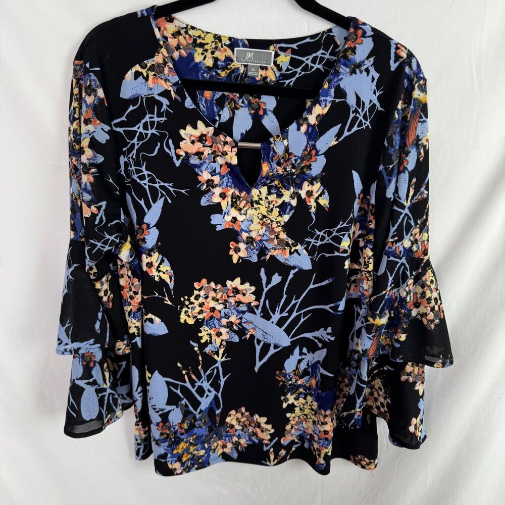 JM Women's Top Blouse Size XL Floral Print 3/4 Bell Sleeves
